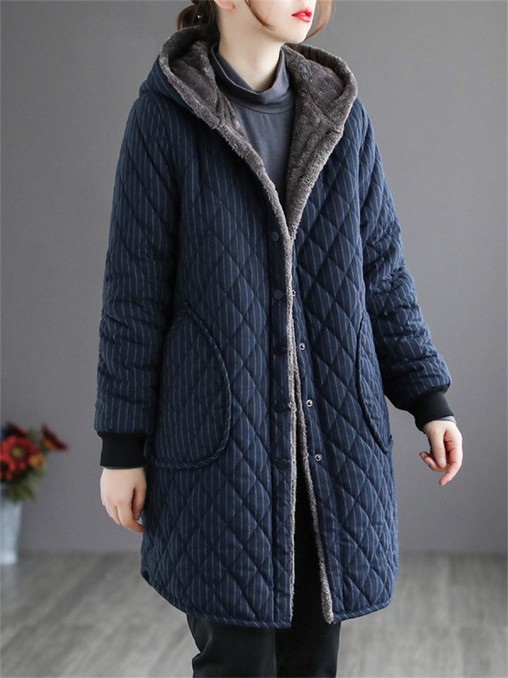 Female Striped Mid-length Hooded Thickened Cotton Coats