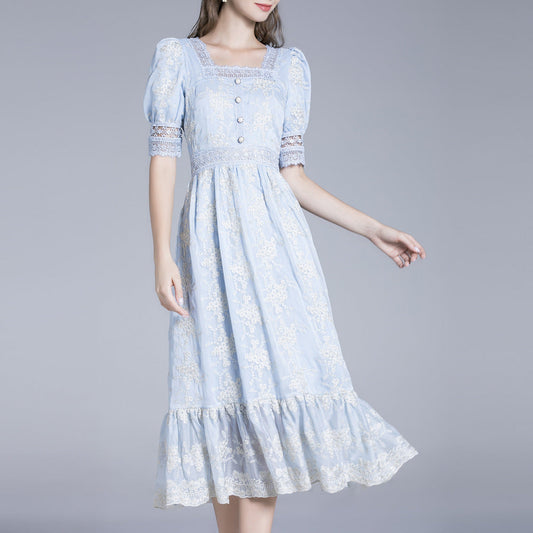 Ivyshape | Temperament Gentle Blue French Mesh Lace Long Dress