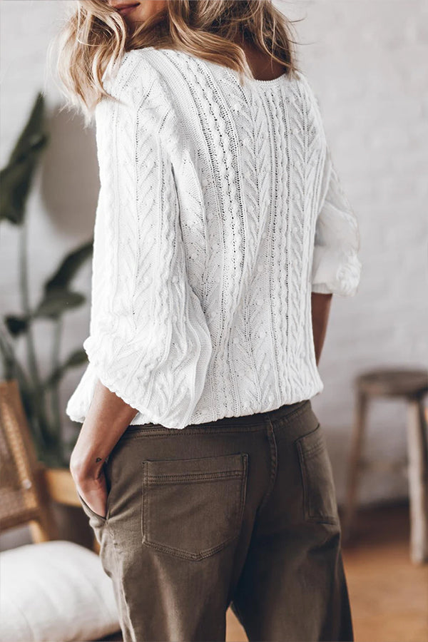 Ivyshape | Solid Cable Knit V-Neck Puff Sleeve Cardigan