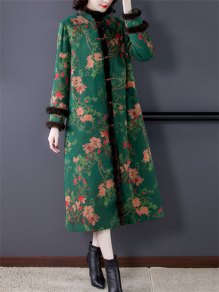 Luxury Faux Fur Stand Collar Button Flower Print Long Coat