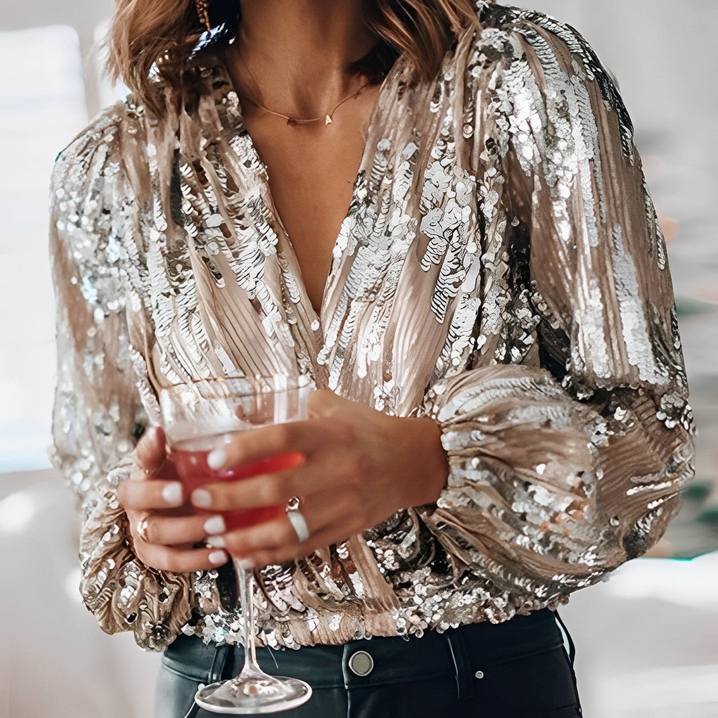 Ivyshape | Party Sequin Pleated Blouse with V-Neck