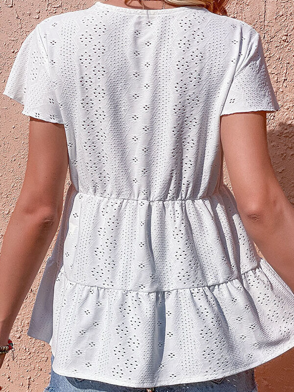 Ivyshape | Embroidered Blouse with Ruffles, V-Neck and Buttons