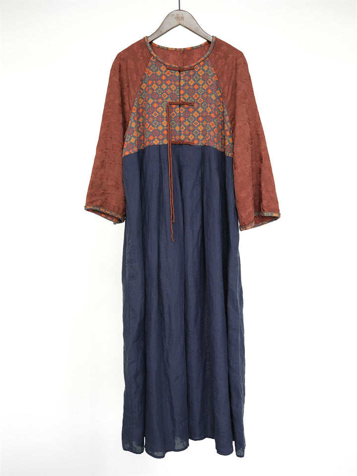 Women's Song Dynasty Hanfu Red & Blue Print Dress with Tassel Button