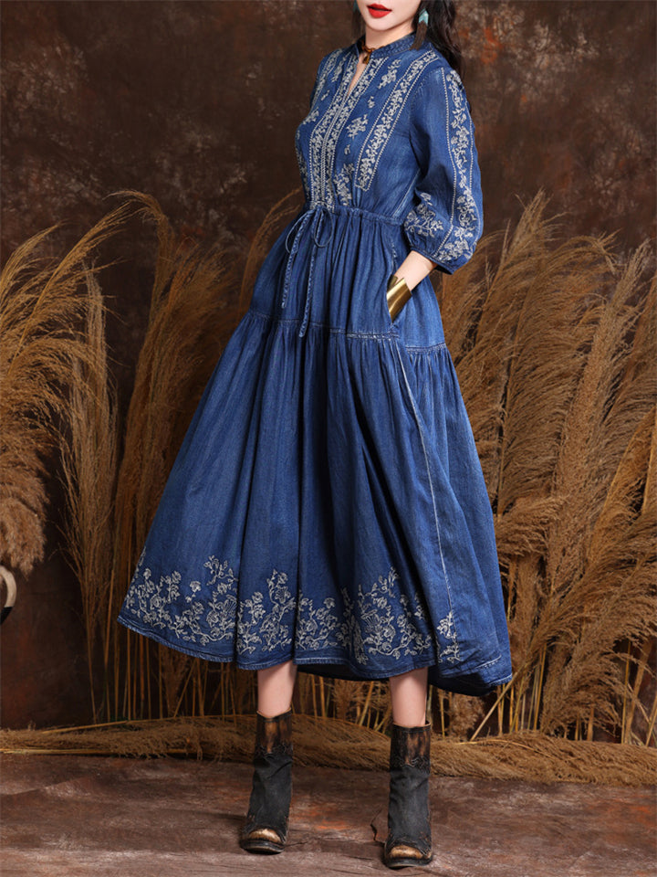 Female Elegant Embroidery Spring Summer Waist Denim Dress