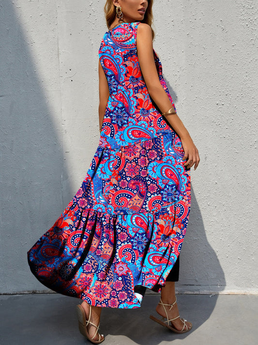 Ivyshape | Tiered Printed V-Neck Sleeveless Dress