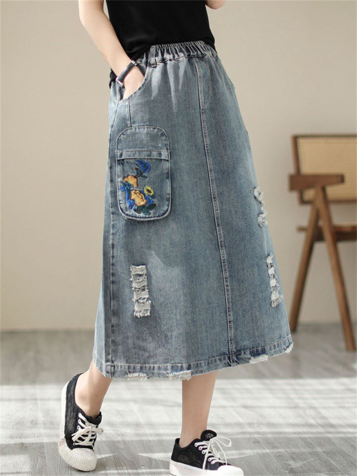 Ladies Floral Embroidered Ripped Vintage Denim Skirt