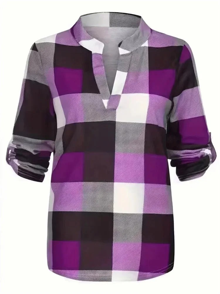 Casual Plaid V-Neck Blouse for Women