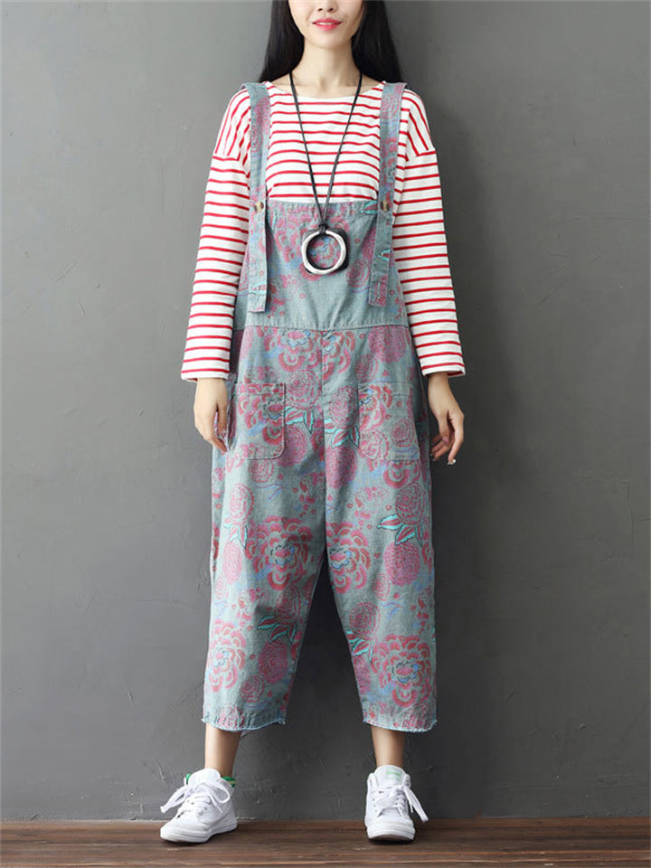 Loose Cotton Linen Printed Jumpsuits