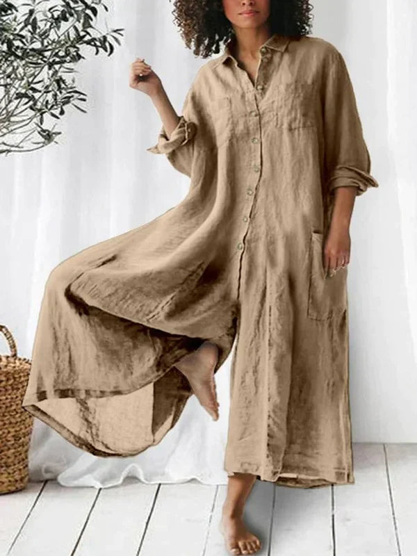 Color Long-Sleeved Loose Wide-Leg Jumpsuit