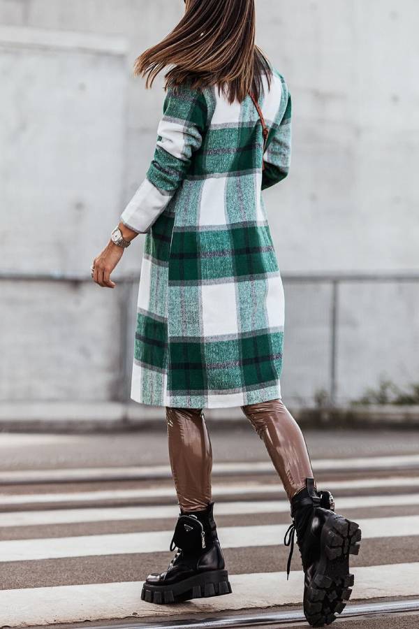 Ivyshape | Mid Length Double Breasted Plaid Print Woolen Coat