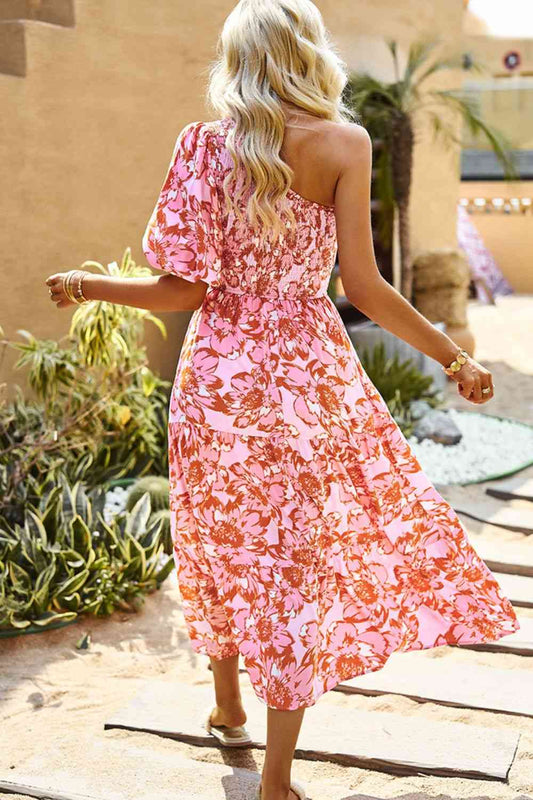 Floral One-Shoulder Smocked Midi Dress