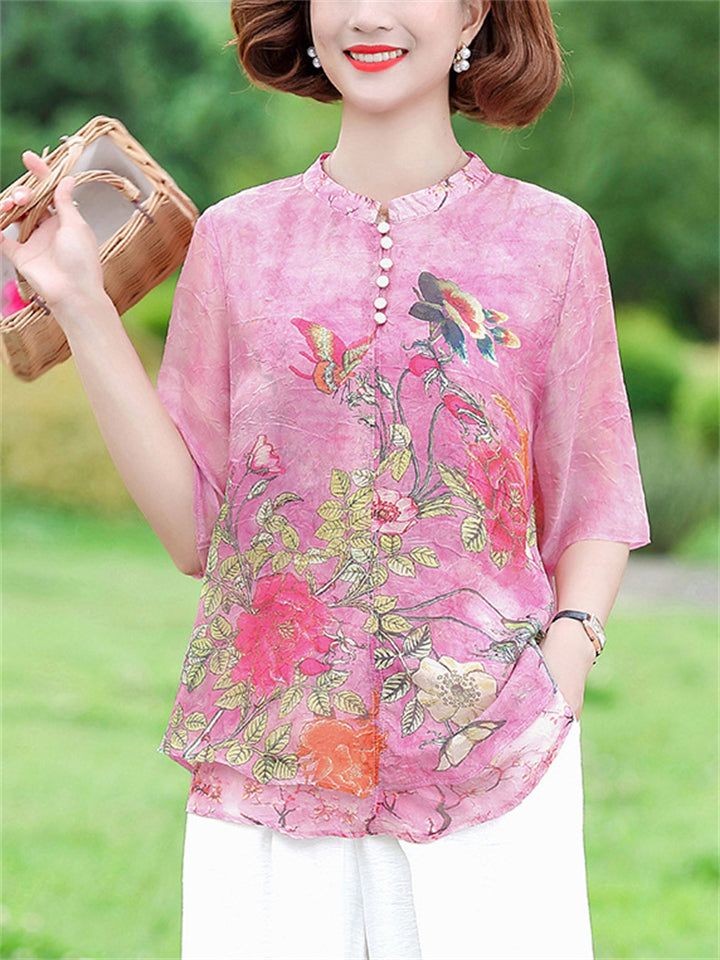 Peony Butterfly Print Plus Size Chiffon Shirt for Lady