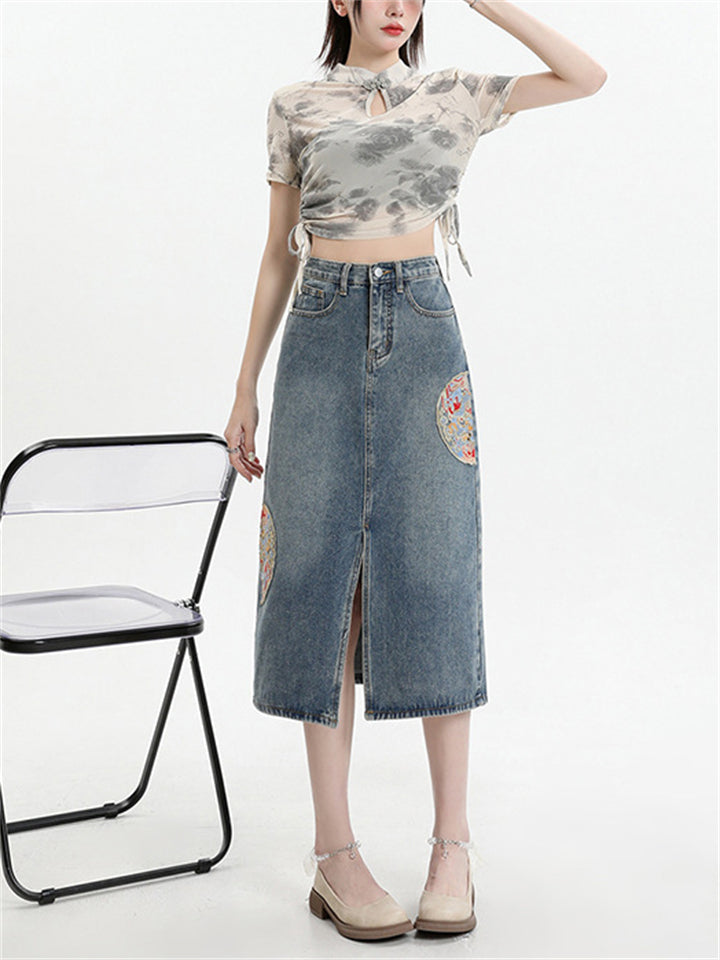 Women's Semicircle Embroidery Front Split Denim Skirts