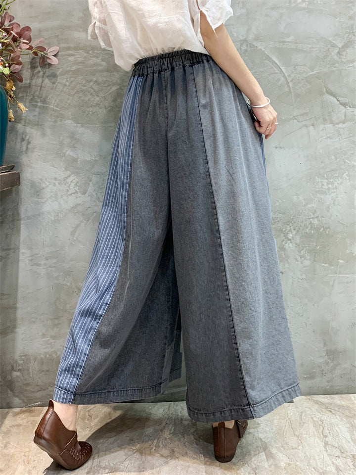 Stylish Plaid Patchwork Drawstring Wide-Leg Jeans