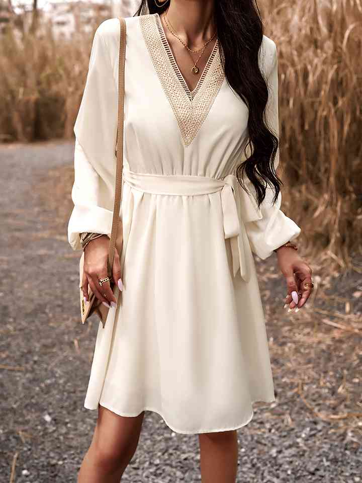 Long Sleeve Tie Waist V-Neck Mini Dress