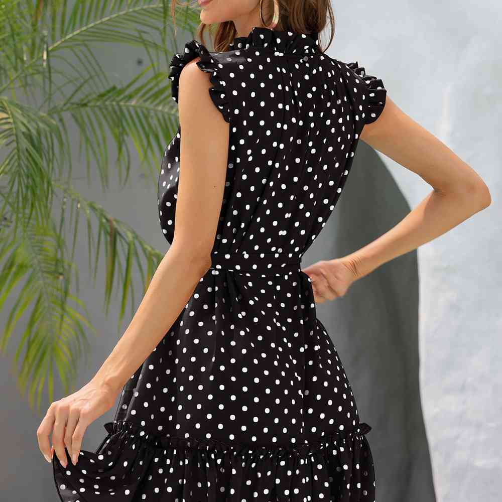 Polka Dot Mock Neck Frill Trim Mini Dress