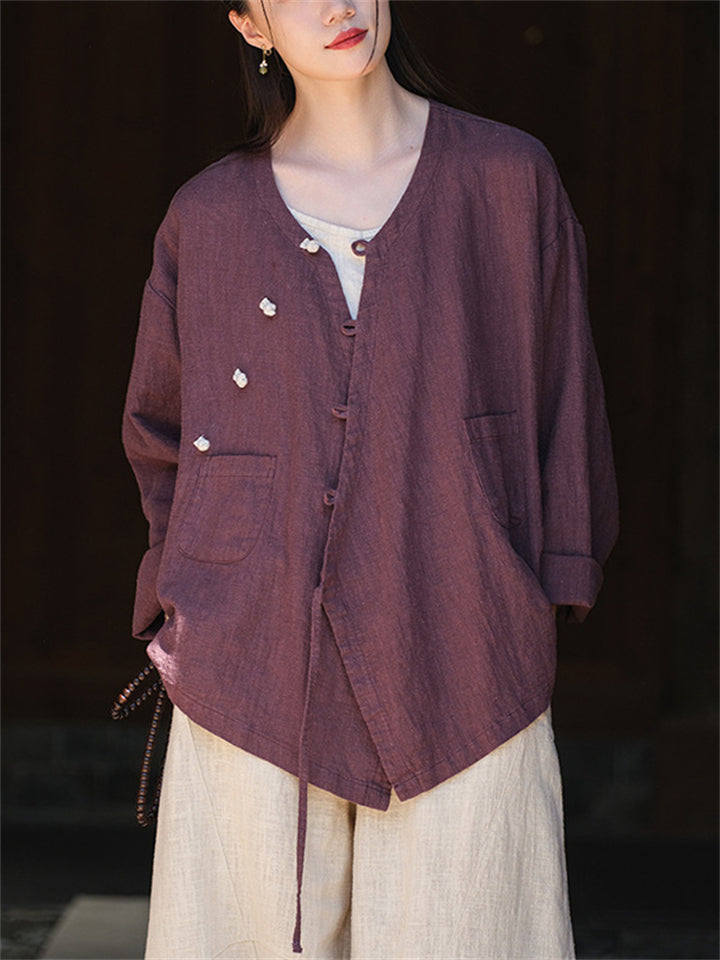 Spring V Neck Long Sleeve Soft Linen Shirt for Women