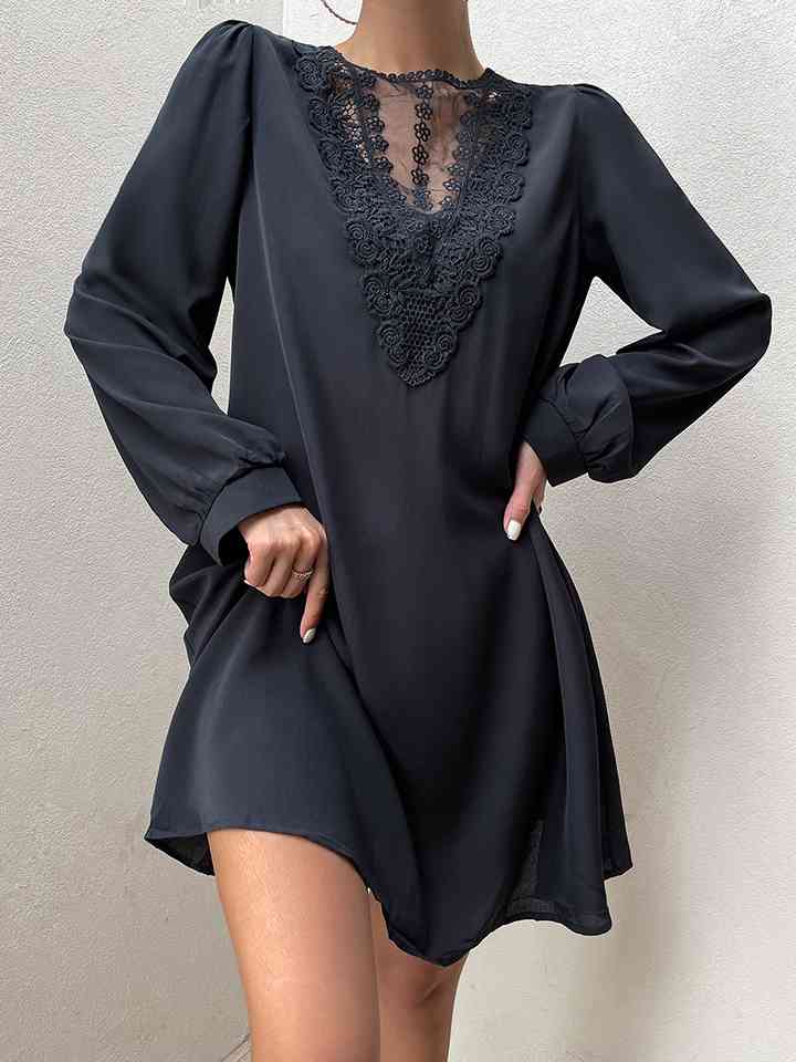 Spliced Lace Puff Sleeve Mini Dress