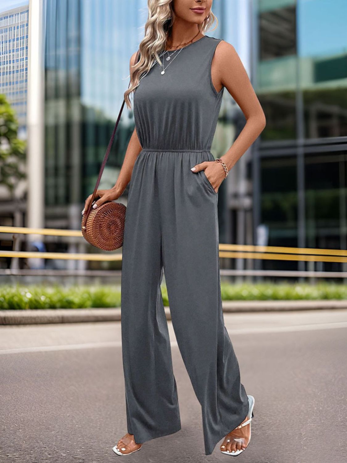 Ivyshape | Round Neck Wide Leg Jumpsuit