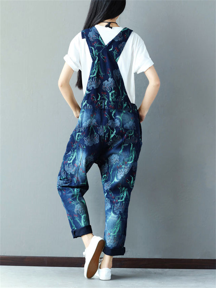 Casual Printed Pockets Denim Jumpsuits