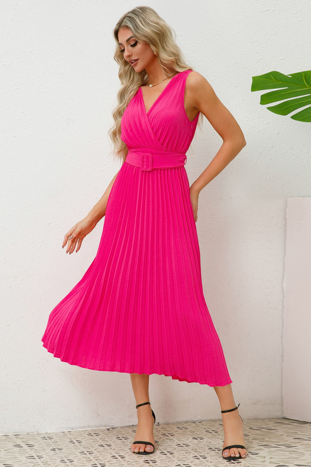 Ivyshape | Surplice Sleeveless Midi Pleated Dress