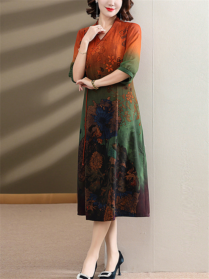 Retro Lotus Leaf Print V Neck Half Sleeve Dress for Lady