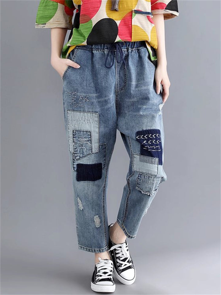 Women's Casual Washed Effect Elastic Waist Blue Denim Harem Pants