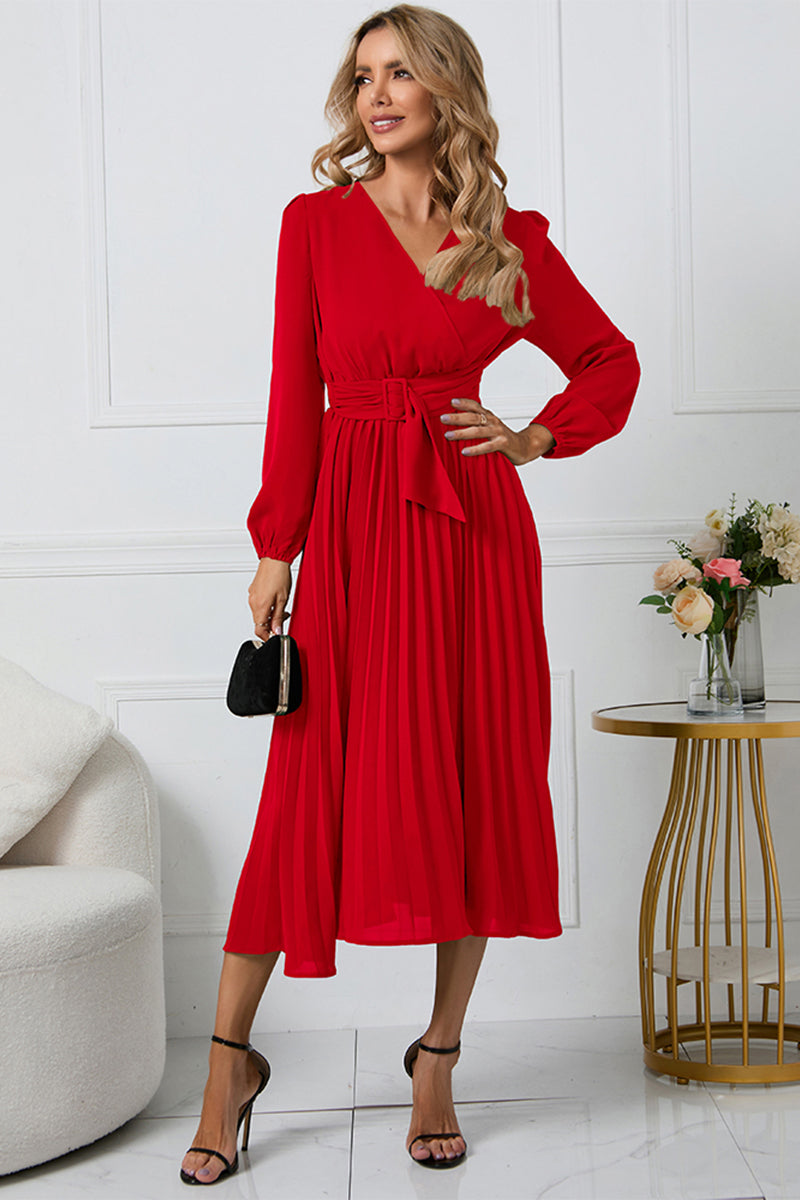 Ivyshape | V-Neck Long Sleeve Tie Waist Midi Dress