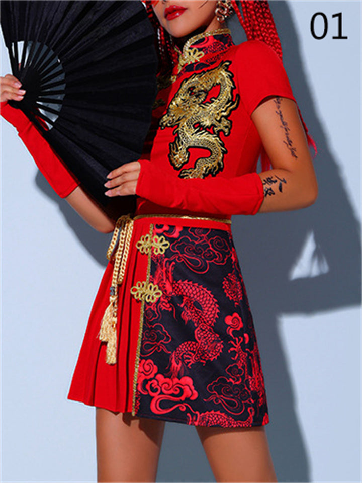 Hip Hop Ethnic Jazz Dance Dragon Print Dress for Women