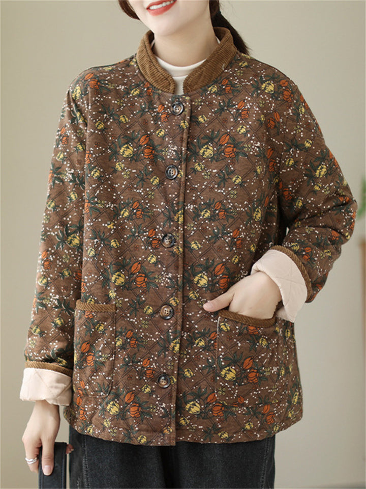 Vintage Stand Collar Button Mini Floral Print Cotton Coat