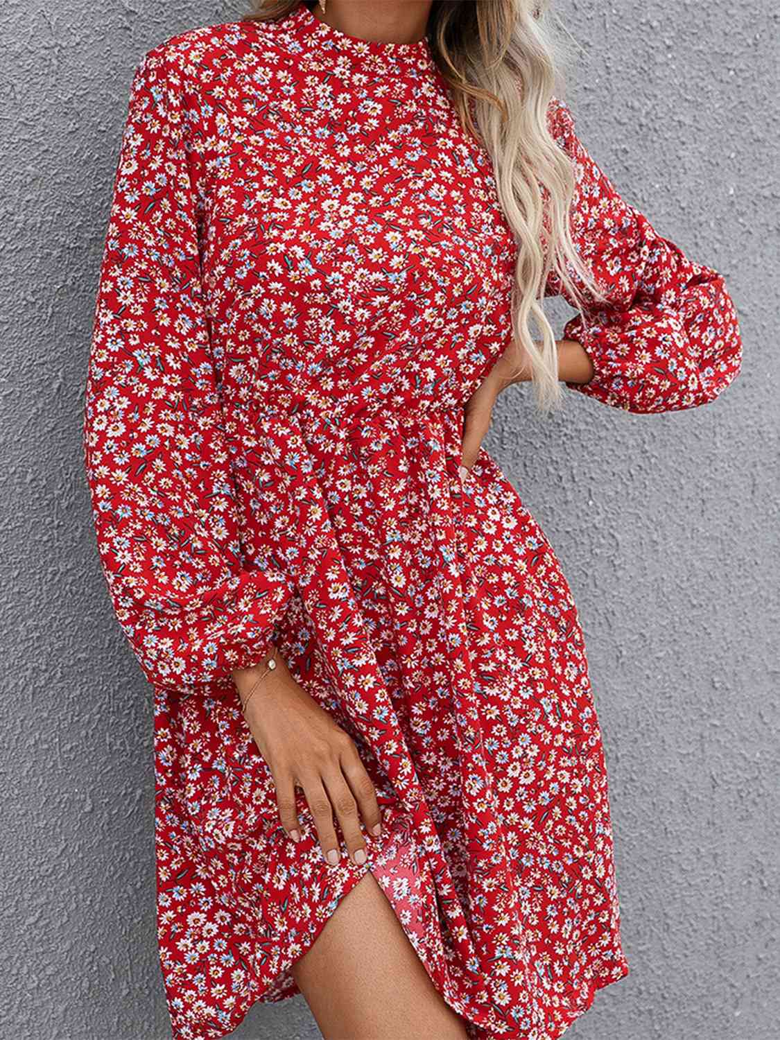 Floral Mock Neck Long Sleeve Dress