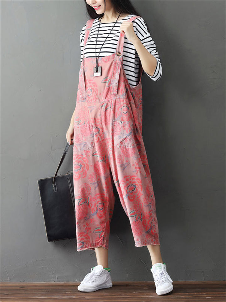 Loose Cotton Linen Printed Jumpsuits