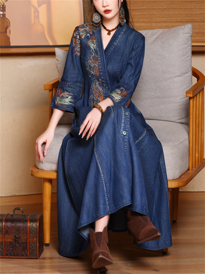 Elegant Embroidery V Neck Button Up Denim Dress