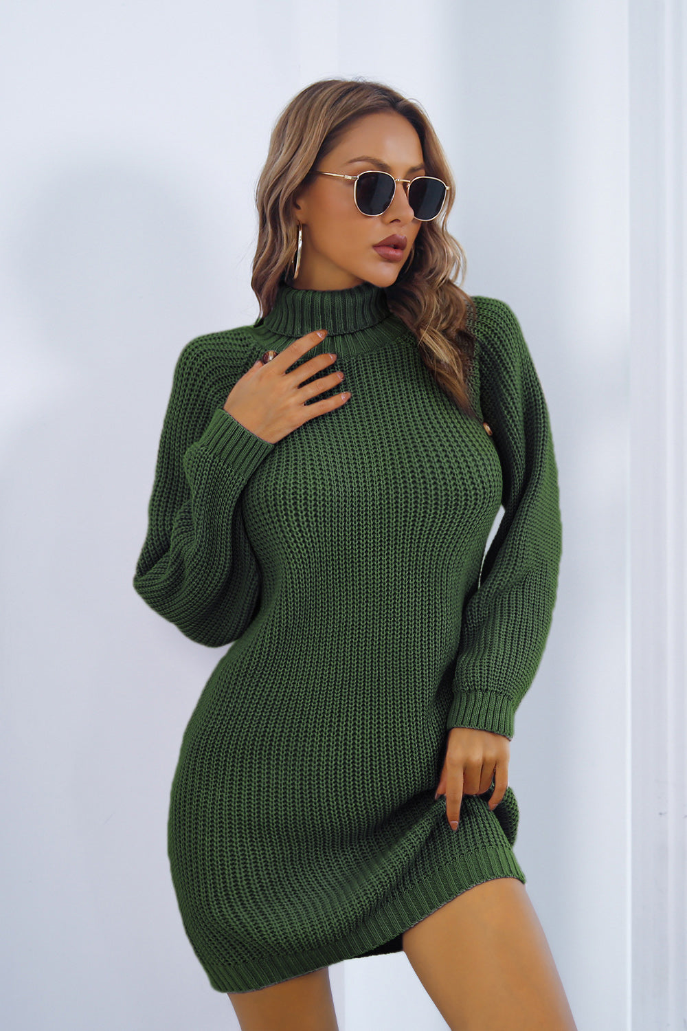 Ivyshape | Women's Mini Sweater Dress with High Neck and Buttons