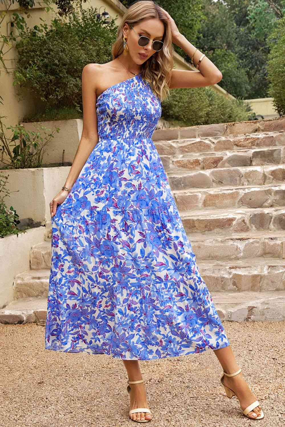 Floral One-Shoulder Sleeveless Dress with Pockets