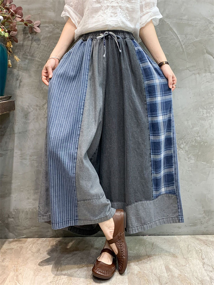 Stylish Plaid Patchwork Drawstring Wide-Leg Jeans