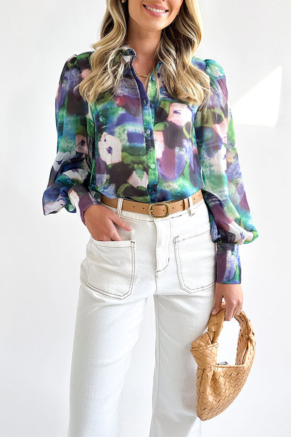 Ivyshape | Tie-Dye V-Neck Long-Sleeved Button-Down Shirt