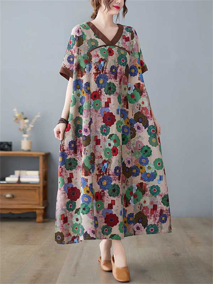 Women's V-neck Contrast Color Short Sleeve Floral Dress