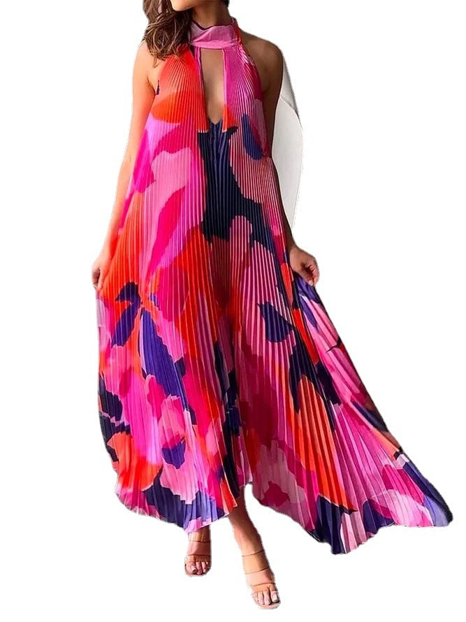 Ivyshape | V Halter Backless Printed Pleated Swing Dress