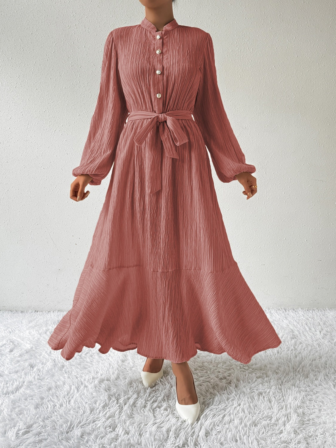 Ivyshape | Tie Waist Long Sleeve Dress