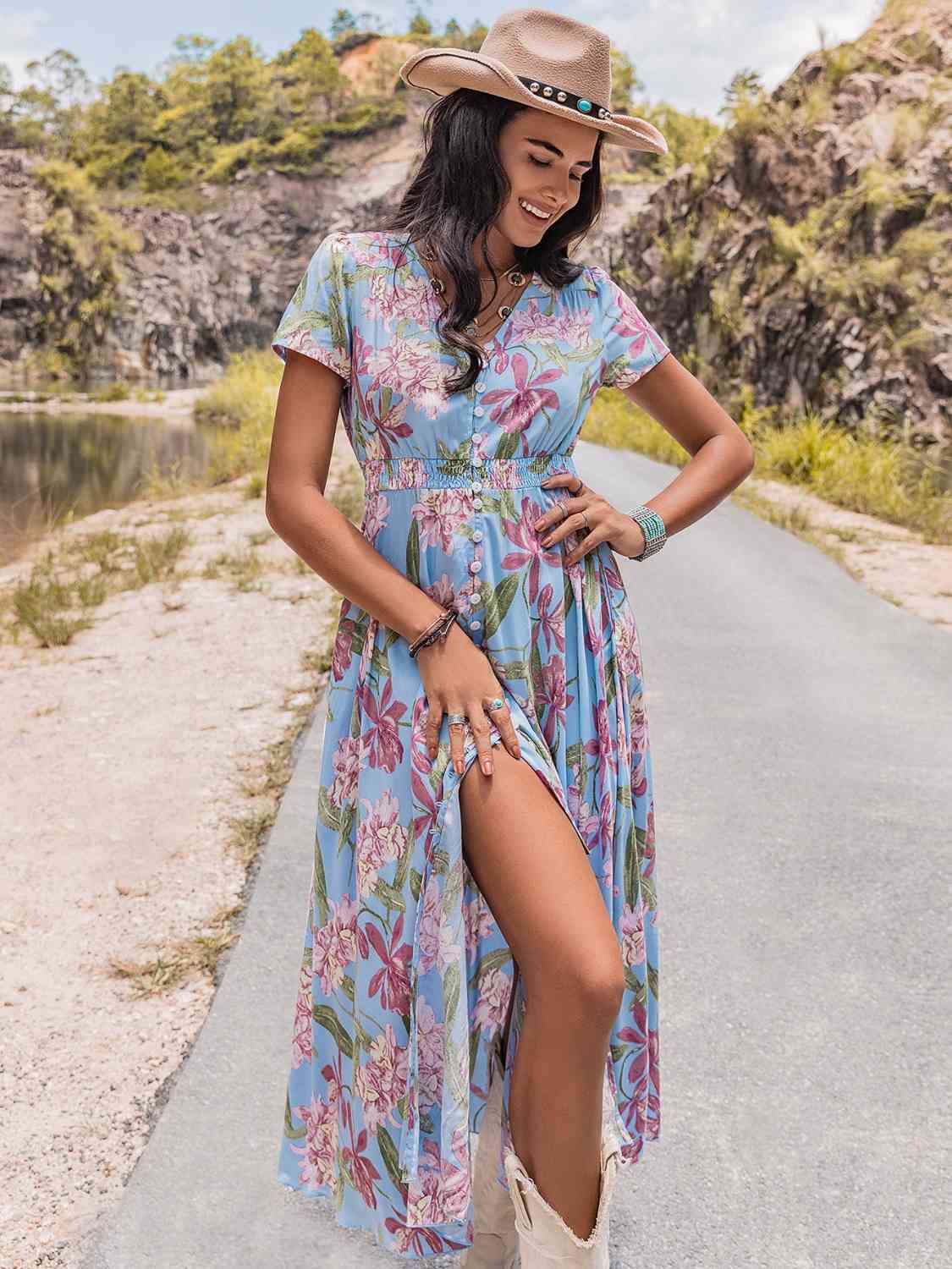 Floral V-Neck Slit Dress