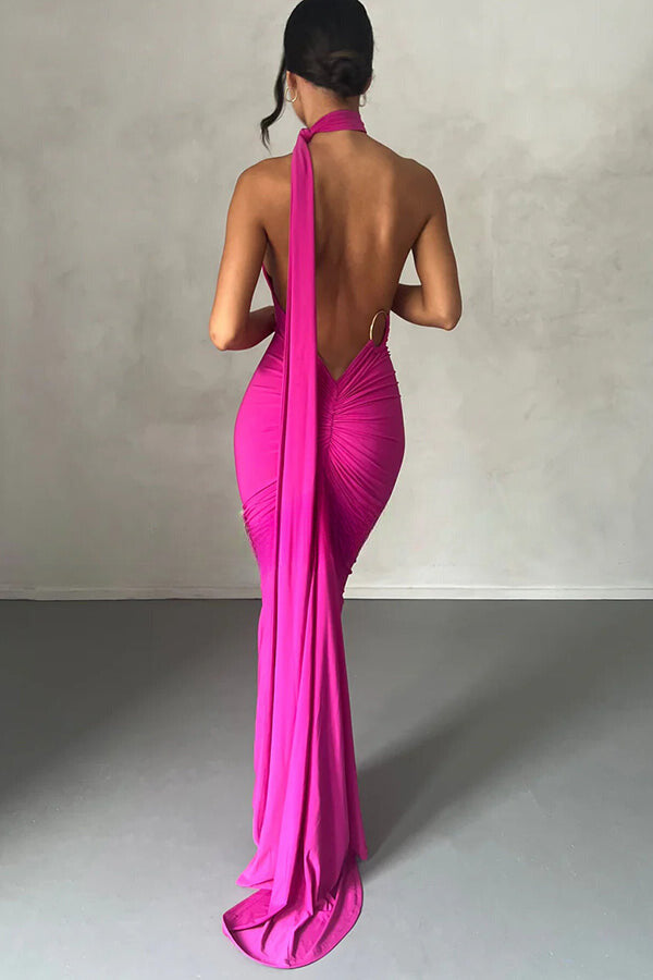 Sexy Backless Pleated Slim Solid Color Sleeveless Elegant Maxi Dress