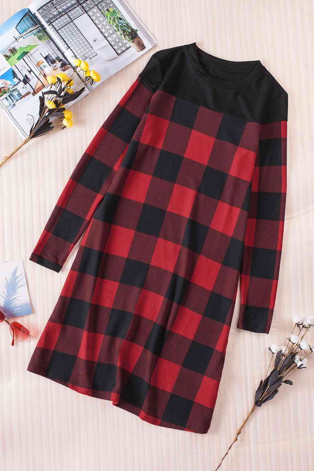 Plaid Round Neck Long Sleeve Mini Dress