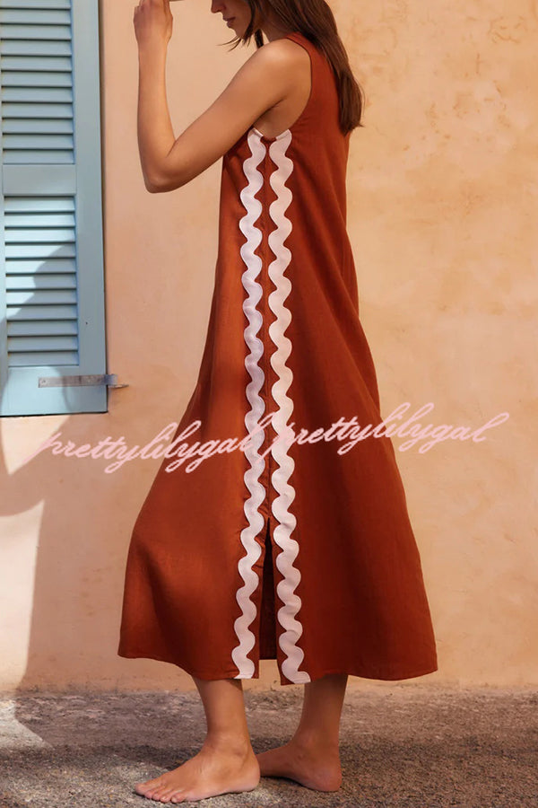 Vacation Villa Side Ric Rac Wave Trim Slit Loose Maxi Dress