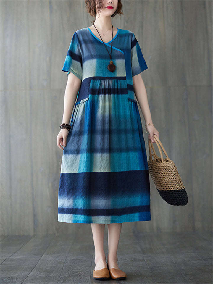 Stylish Contrast Color Plaid Dress for Women