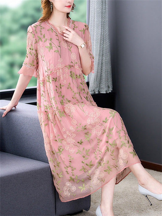 Female Comfortable Dandelion Embroidered Midi Dress