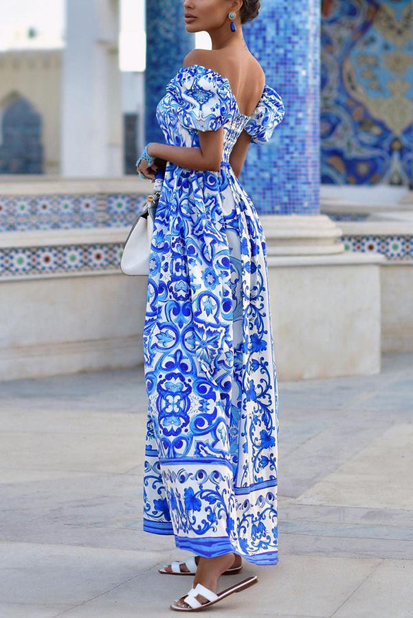 Ivyshape | The Adventure Printed Off Shoulder Puff Sleeve Maxi Dress