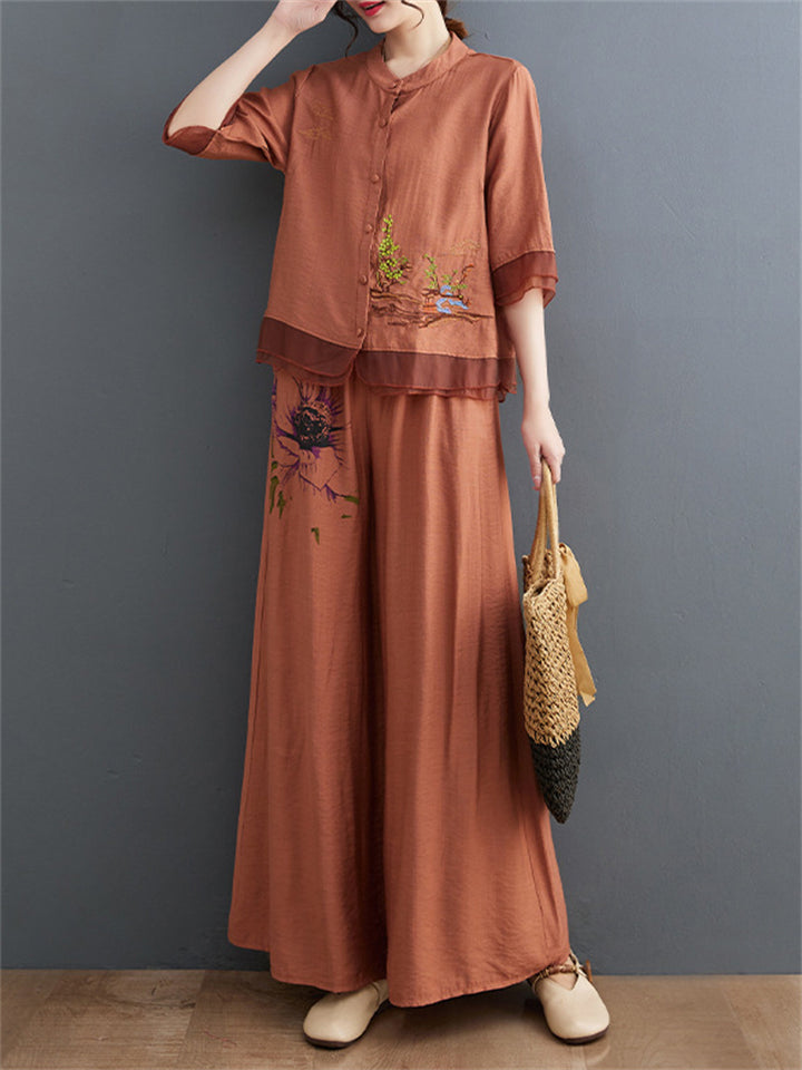 Floral Embroidered Shirt + Wide Leg Pants Female Two Piece Set