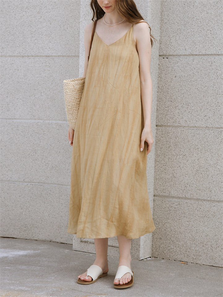 Elegant Apricot V Neck Sleeveless Flowy Tencel Dress for Women