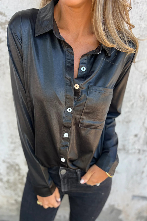 Ivyshape | Look Solid Metallic Loose Pocket Button-Down Blouse